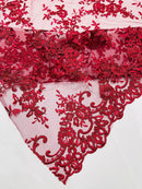 Plant Design Lace Fabric - Burgundy - Small Plant Flower Leaf Design Lace Fabric Sold By Yard