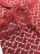 Pearls and Sequins Floral Fabric - Burgundy - Embroidered Beaded Sequins Fabric Lace By Yard