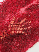 Beaded Embroidered Fabric - Burgundy - Embroidered Heart and Feather Pattern Fabric Sold By Yard