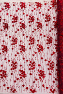 3D Floral Glitter Fabric - Burgundy - 3D Sequins and Glitter Floral Design on Mesh Sold By Yard