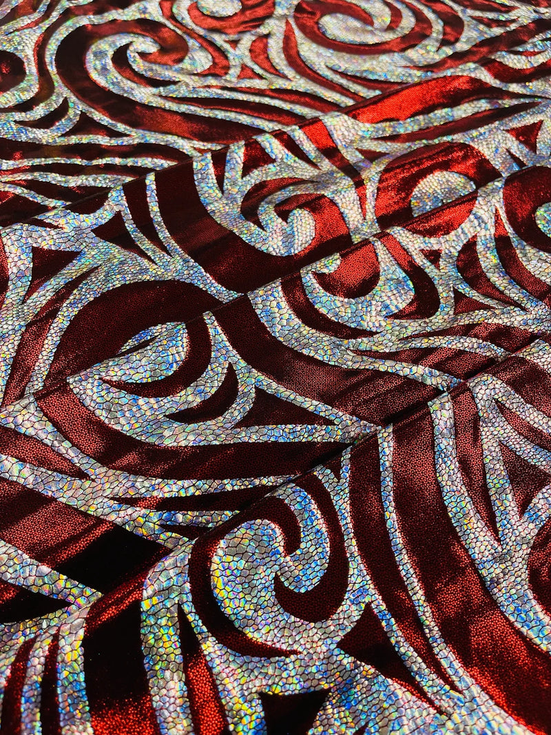 Tribal Swirl Design Spandex - Burgundy - 4 Way Stretch Milliskin Holographic Fabric by Yard