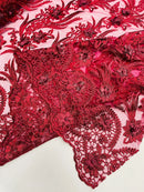 3D Floral Leaf Line Panels - Burgundy - 3D Embroidered Flower Lines with Pearls on Lace By Yard