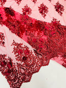 3D Floral Fabric with Pearls - Burgundy - Embroidered Flower and Leaf Patterns on Lace Fabric by Yard