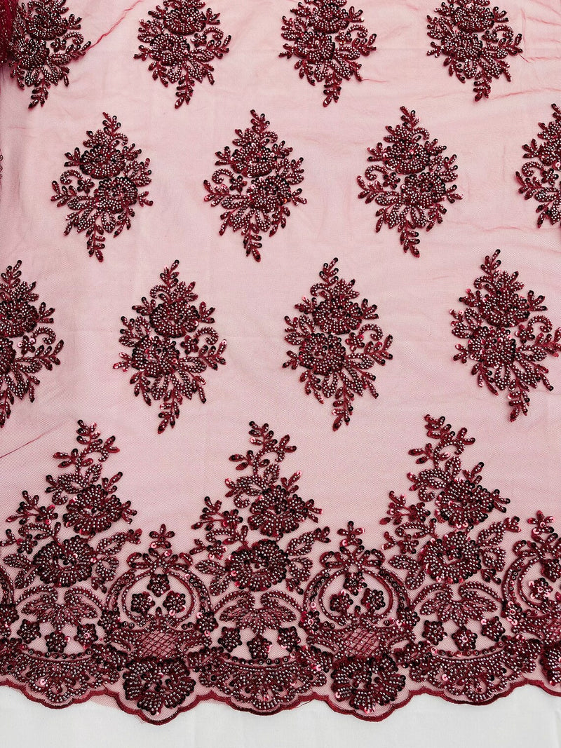 Heavy Bridal Lace Fabric - Burgundy - Floral Beaded Heavy Lace Fabric Sold by Yard