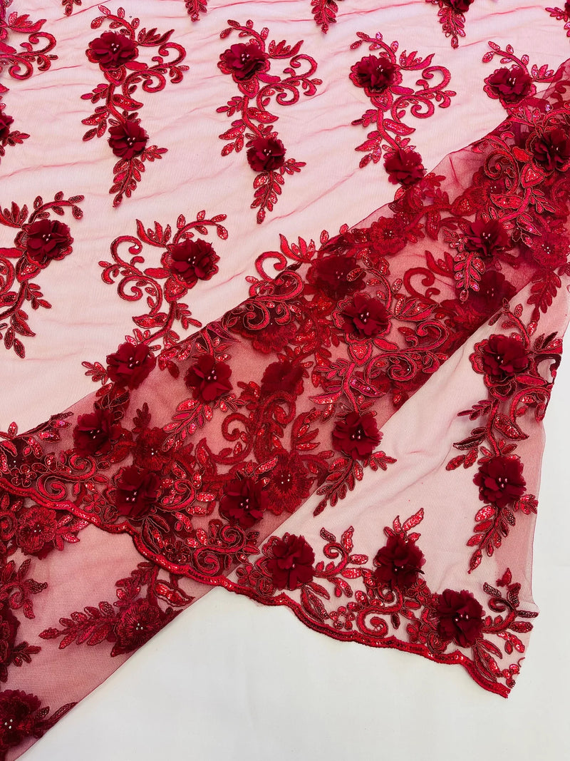 3D Floral Cluster with Border Lace - Burgundy - Flower with Leaves Design 3D Fabrics Sold By Yard