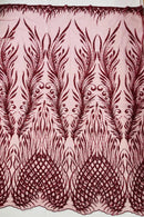 Beaded Embroidered Fabric - Burgundy - Embroidered Heart and Feather Pattern Fabric Sold By Yard