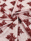 Floral Damask Corded Fabric - Burgundy - Embroidered Floral Design with Damask Border By Yard