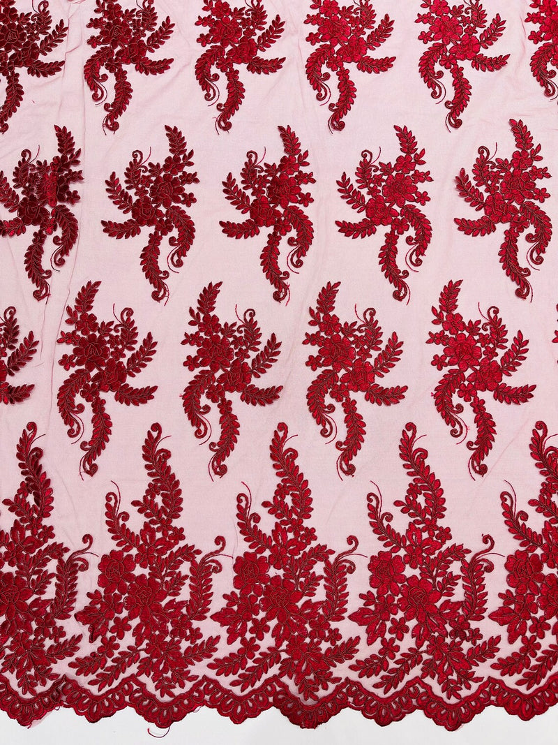 Braid Leaf Designs Lace Fabric - Burgundy - Embroidered Floral Leaf Pattern on Lace Mesh Fabric By Yard