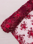 3D Flower Pearl Design - Burgundy - Embroidered Sequins Floral Clusters Lace Fabric By Yard