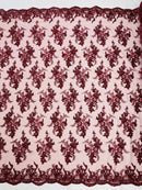 Beaded Sequins Floral Fabric - Burgundy - Embroidered Beaded Floral Clusters Sequins Fabric By Yard