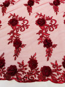 3D Floral Cluster with Border Lace - Burgundy - Flower with Leaves Design 3D Fabrics Sold By Yard