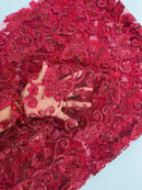 Butterflies Swirl Design - Burgundy -  Metallic Sequins Butterflies on Lace Fabric By Yard