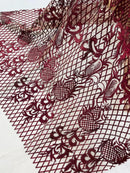 Damask Diamond Net Lace Fabric - Burgundy - Damask Design Embroidered on Lace Mesh Fabric by Yard
