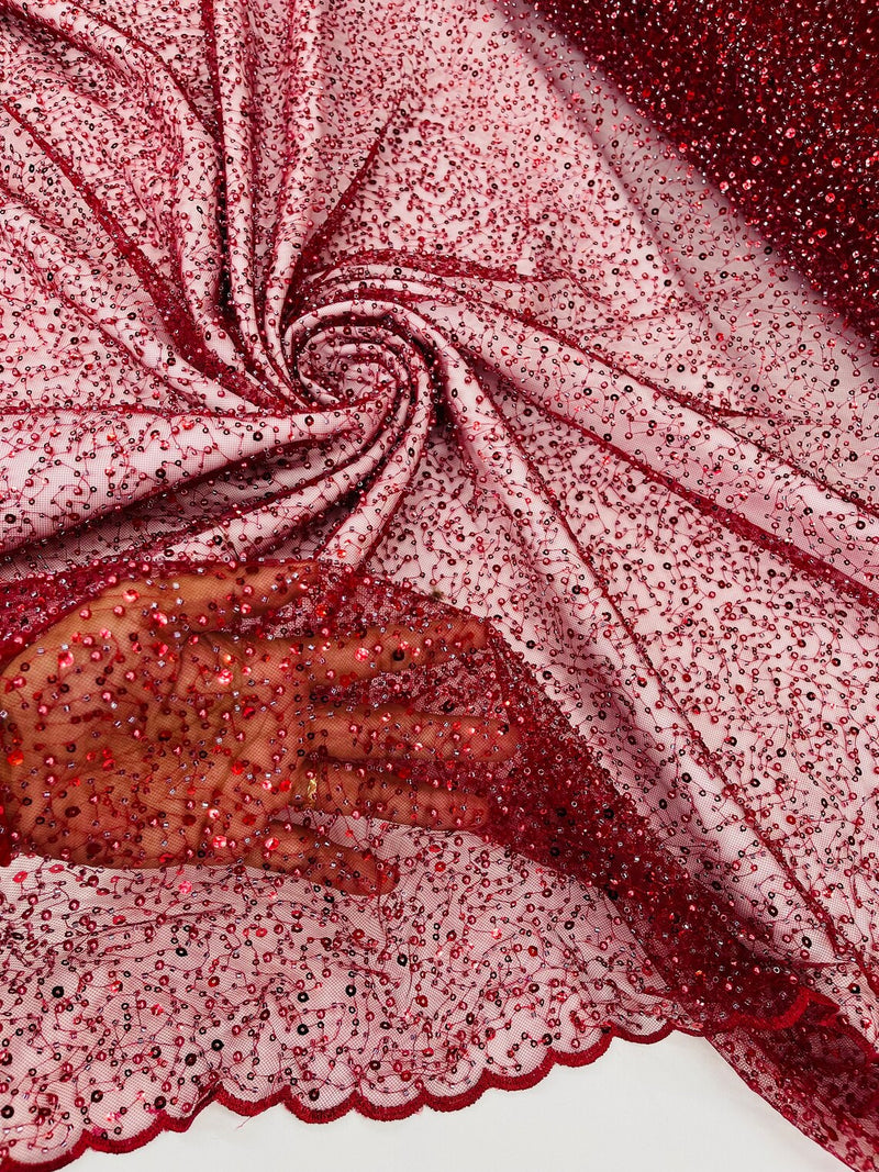 Beaded Mesh 3D Fabric - Burgundy - Beaded Lace Mesh Fabric Embroidered with Small Sequins Sold By Yard