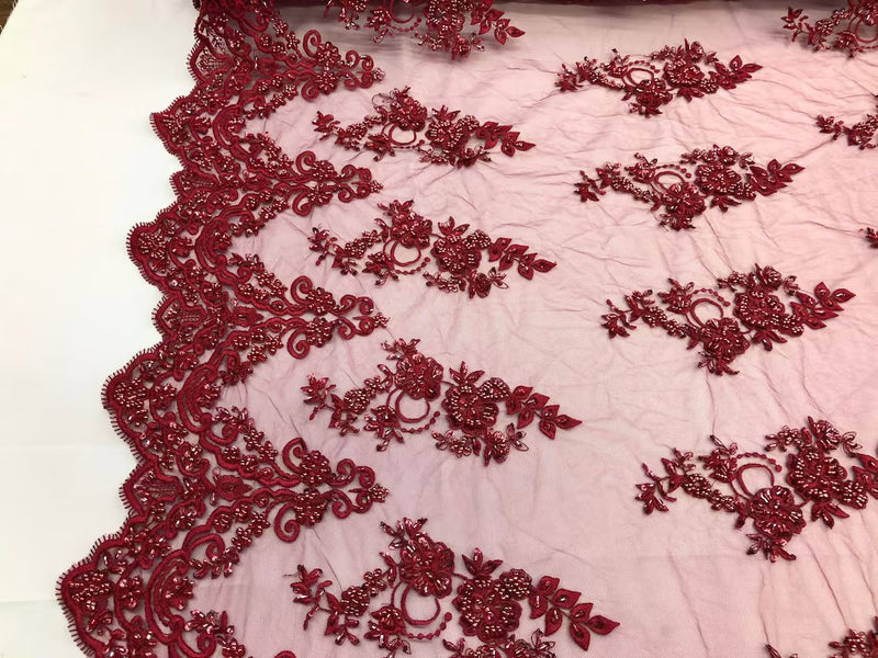 Floral Cluster Beaded Fabric - Burgundy - Embroidered Flower Beaded Fabric Sold By Yard