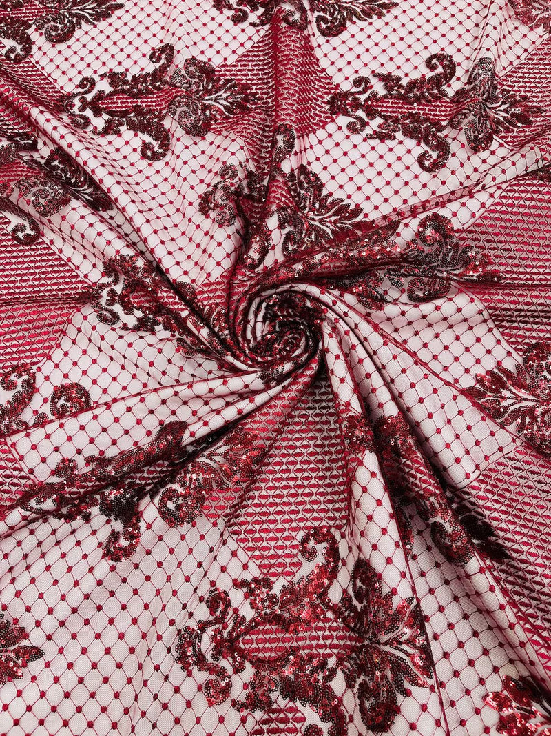 King Damask Lace Fabric - Burgundy - Corded Embroidery with Sequins on Mesh Lace Fabric By Yard