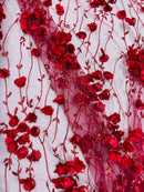 3D Floral Glitter Fabric - Burgundy - 3D Sequins and Glitter Floral Design on Mesh Sold By Yard