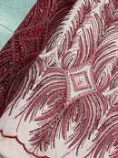 Beaded Line Fabric - Burgundy - Luxury Bridal Line Pattern Fabric With Beads, Sequins Sold By Yard