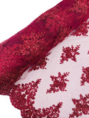 Floral Damask Bead Fabric - Burgundy - Embroidered Floral Clusters with Beads / Sequins by Yard