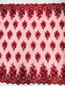 3D Floral Fabric with Pearls - Burgundy - Embroidered Flower and Leaf Patterns on Lace Fabric by Yard