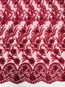 3D Floral Leaf Line Panels - Burgundy - 3D Embroidered Flower Lines with Pearls on Lace By Yard