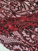 Heart Shape Sequins Fabric - Burgundy - 4 Way Stretch Sequins Damask Fabric By Yard