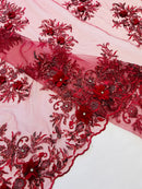 3D Rhinestone Flower Fabric - Burgundy - 3D Flower Beaded Clusters with Sequins and Rhinestones By Yard