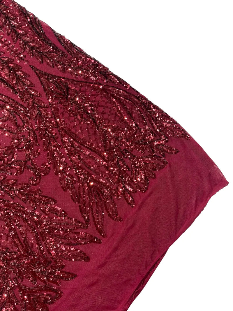 Mermaid Design Fabric - Burgundy - 4 Way Stretch Sequins Fabric on Lace Mesh Sold By Yard