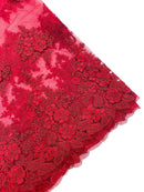 Flower 3D Corded Fabric - Burgundy - Lace Mesh Fabric Embroidered Floral Design by Yard