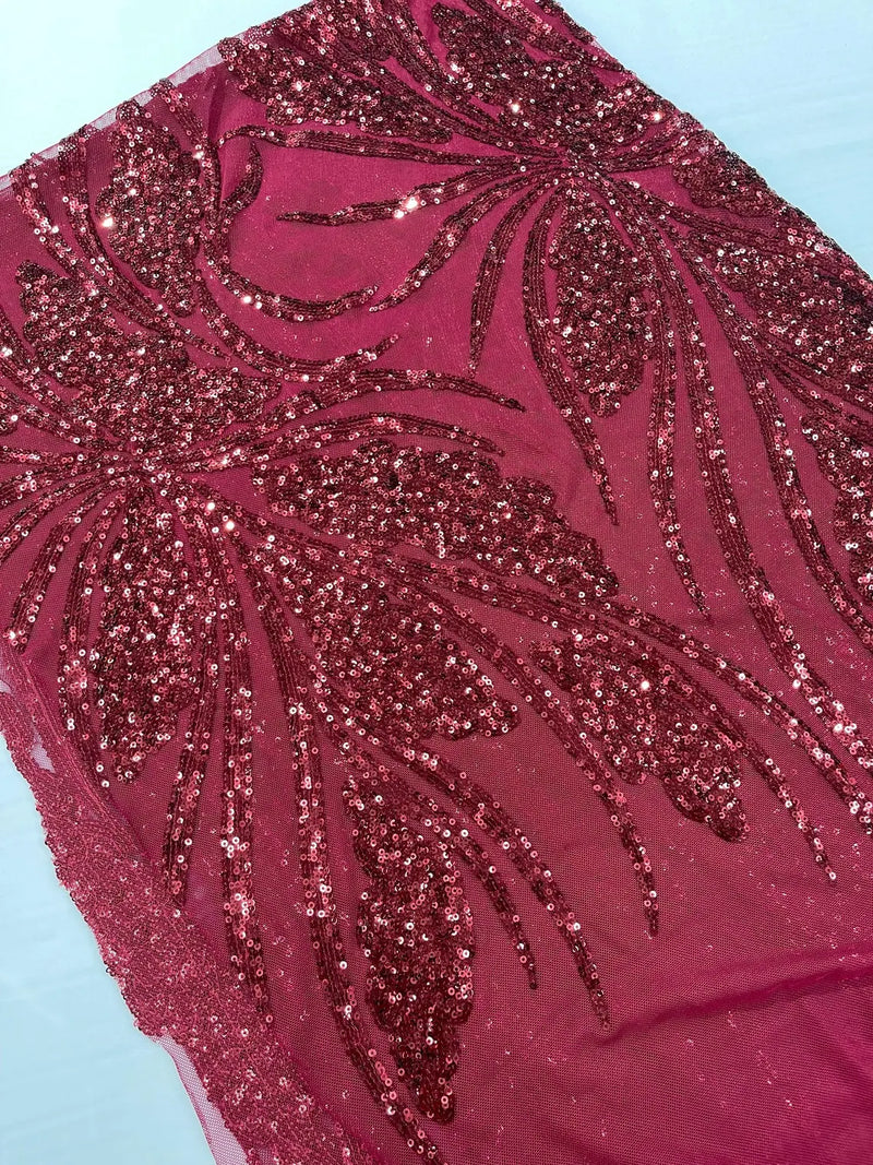 Wavy Leaf Design Fabric - Burgundy - 4 Way Stretch Sequins Lace Mesh Leaf Design Fabric by Yard