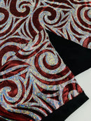Tribal Swirl Design Spandex - Burgundy - 4 Way Stretch Milliskin Holographic Fabric by Yard