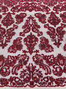 My Lady Beaded Fabric - Burgundy - Damask Beaded Sequins Embroidered Fabric By Yard