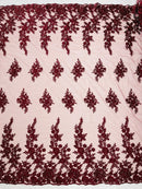 Rose Beaded Sequin Fabric - Burgundy - Embroidered Floral Pattern with Beads and Sequins By Yard