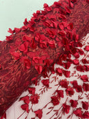 3D Glitter Floral Fabric - Burgundy - Floral Line Glitter Designs on Mesh Fabric Sold By Yard