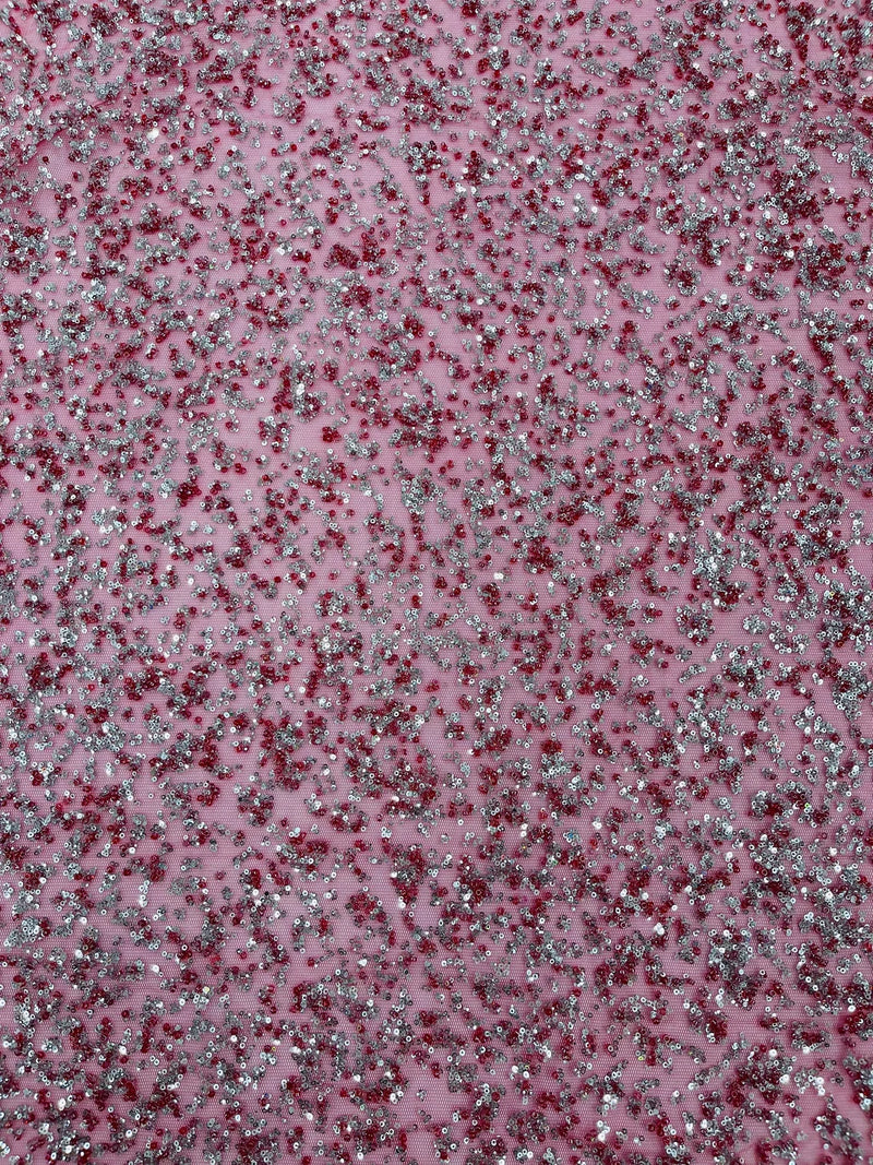 Bead/Sequins Lace Fabric - Burgundy - Small Sequins and Beads Embroidered on Lace Fabric By Yard