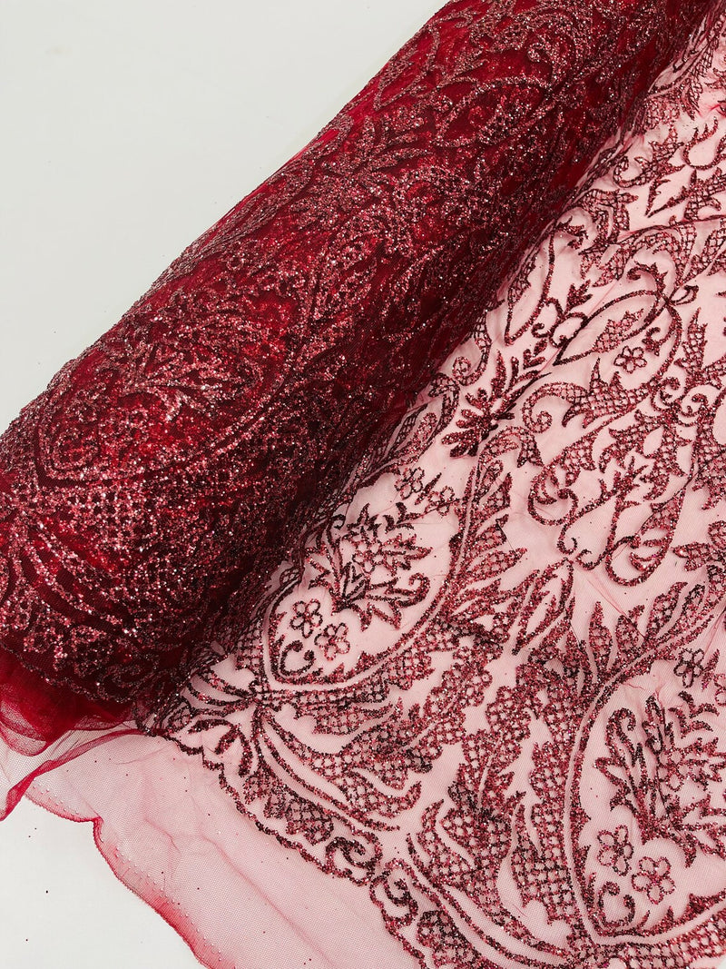 Beautiful Damask Design Glitter Fabric - Burgundy - Glitter Design on Lace Mesh Dress Fabric By Yard