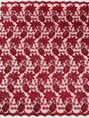 Metallic Floral Lace Fabric - Burgundy - Hologram Sequins Floral Metallic Thread Fabric by Yard