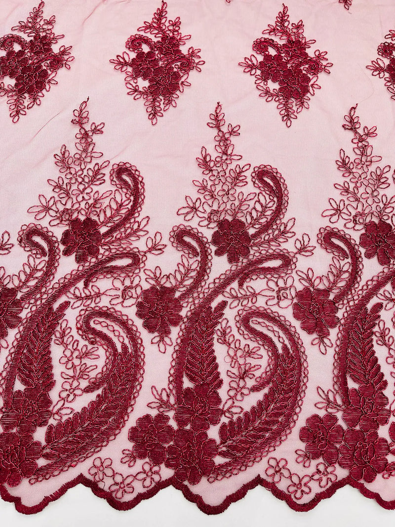 Metallic Paisley Floral Lace - Burgundy - Corded Floral Lace with Metallic Thread on Mesh By Yard