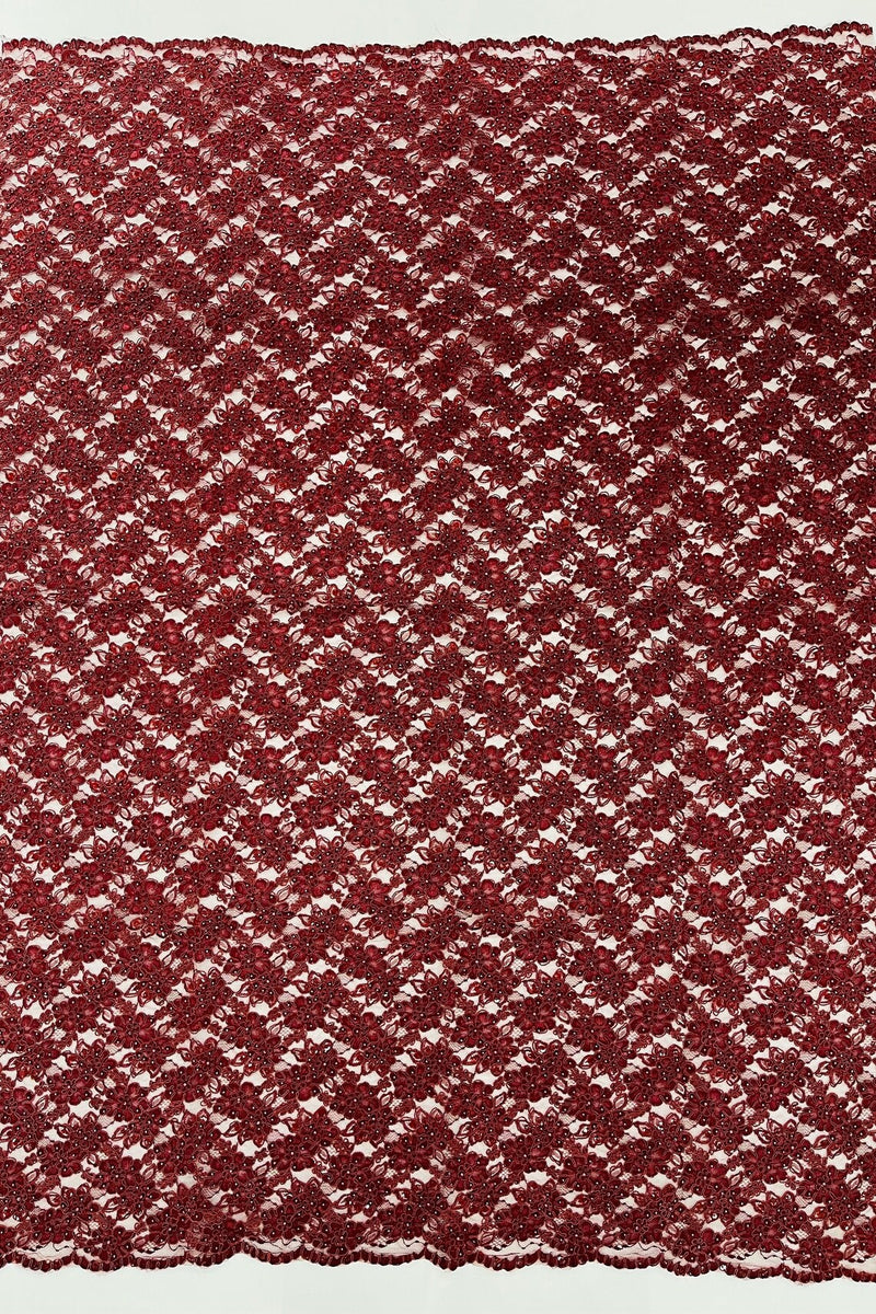 Pearls and Sequins Floral Fabric - Burgundy - Embroidered Beaded Sequins Fabric Lace By Yard