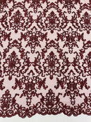 Beaded Butterfly Pattern Fabric - Burgundy - Damask Fancy Bead Sequins Fabric Sold by Yard