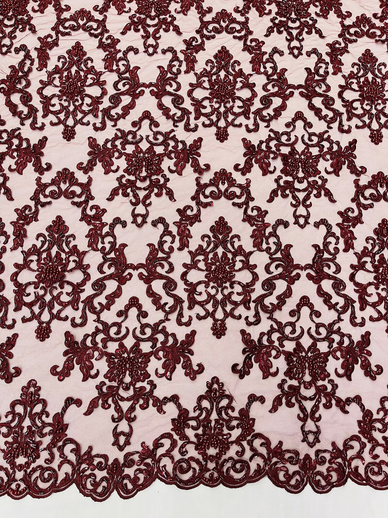 Beaded Butterfly Pattern Fabric - Burgundy - Damask Fancy Bead Sequins Fabric Sold by Yard