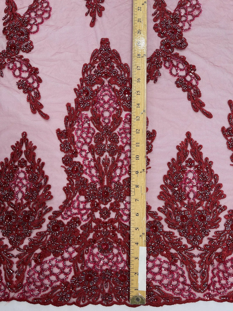 Beaded Floral Fabric - Burgundy - Luxury Bridal Floral Pattern Fabric With Beads, Sequins Sold By Yard