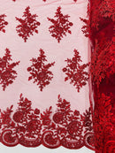Flower Lace Sequins Fabric - Burgundy - Embroidered Floral Pattern Fabric with Sequins on Lace By Yard
