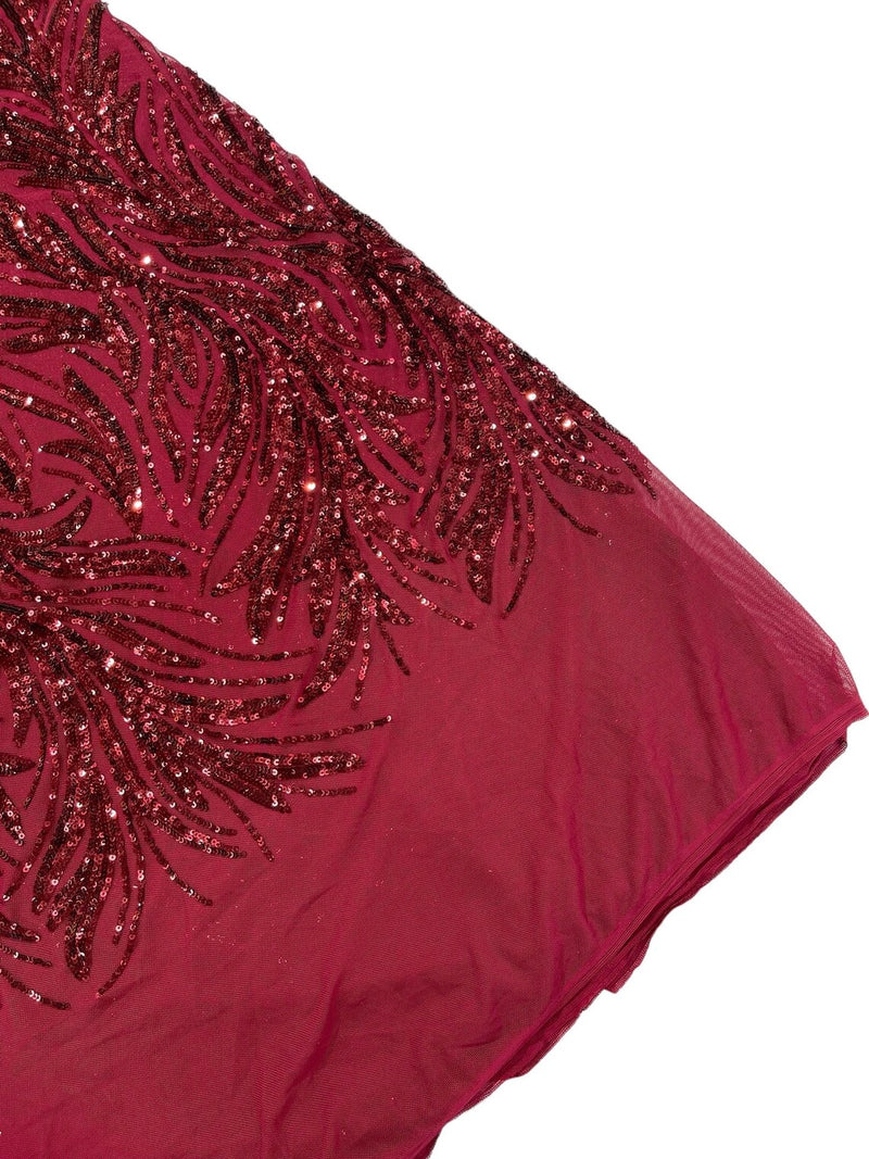 Leaf Stretch Sequins Fabric - Burgundy - 4 Way Stretch Sequins on Lace Mesh Fabric by Yard