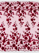 Floral 3D Pearl Fabric - Burgundy - Embroidered Double Border Flower Design Pearl Fabric By Yard