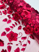 3D Orquidia Floral Lace - Burgundy - Beautiful Orchid Flower Fabric on Mesh by Yard
