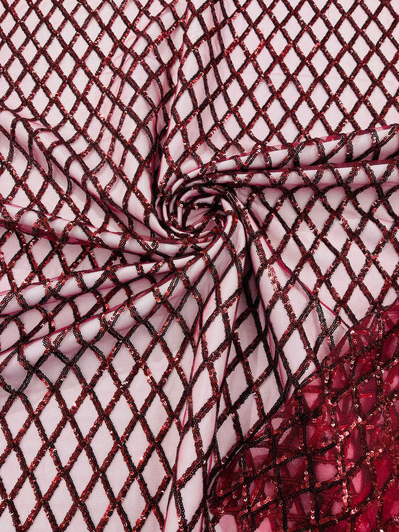 Diamond Net Sequins Fabric - Burgundy - Geometric Diamond Net Design on Mesh Lace Fabric By Yard