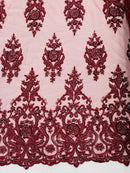 Embroidered Bead Fabric - Burgundy - Floral Damask Bead Bridal Lace Fabric by the yard