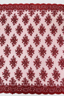 Isabela Design - Burgundy - Embroidery Beaded Fabric With Sequin on a Mesh Fabric by the yard