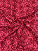Sequins Satin Rosette Fabric - Burgundy - 3D Satin Rose Sequins Floral Fabric Sold By The Yard